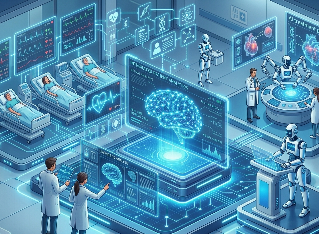 Futuristic AI-powered hospital scene with robotic assistants, diagnostic analytics, and integrated patient monitoring systems for advanced medical treatment planning