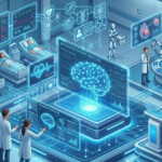 Futuristic AI-powered hospital scene with robotic assistants, diagnostic analytics, and integrated patient monitoring systems for advanced medical treatment planning